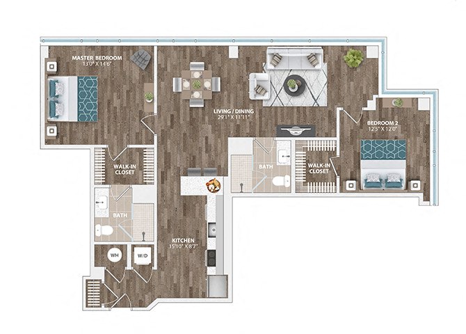 Floor plan for 2 beds, 2 baths, 1254 sqft