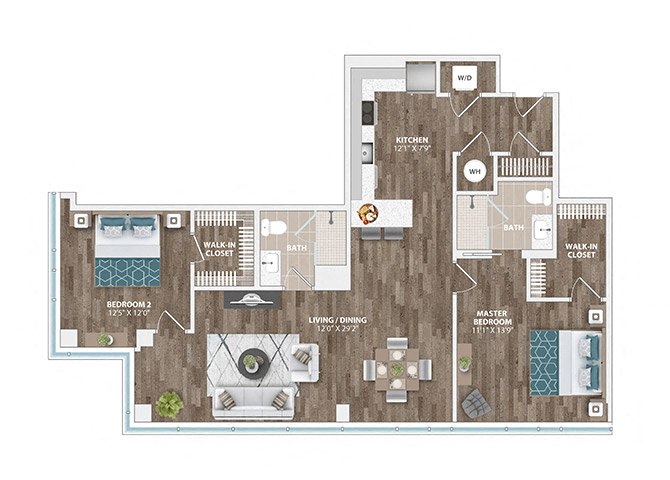 Floor plan for 2 beds, 2 baths, 1266 sqft