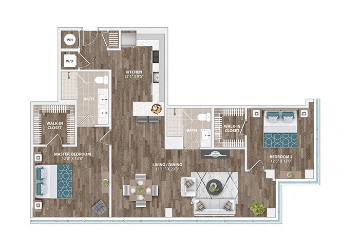 Floor plan for 2 beds, 2 baths, 1284 sqft