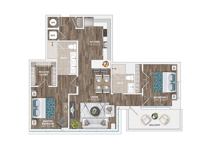 Floor plan for 2 beds, 2 baths, 1068 sqft