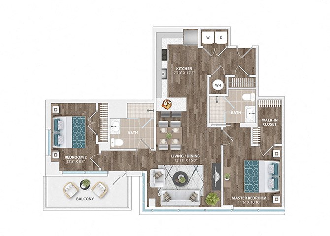 Floor plan for 2 beds, 2 baths, 1068 sqft