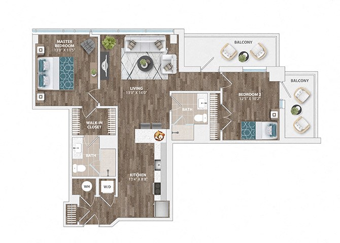 Floor plan for 2 beds, 2 baths, 1041 sqft