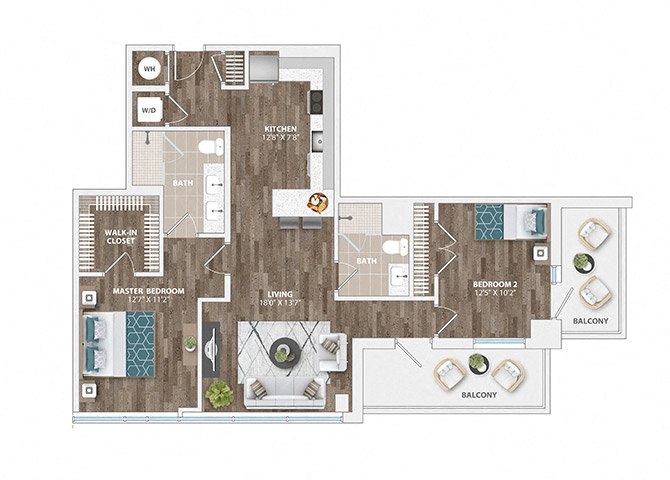 Floor plan for 2 beds, 2 baths, 1068 sqft