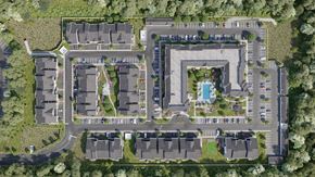 Randolph apartment for rent - A bird's eye view of a residential complex with a swimming pool.