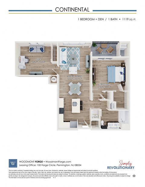 Floor plan for 1 bed, 1 bath, 1119 sqft