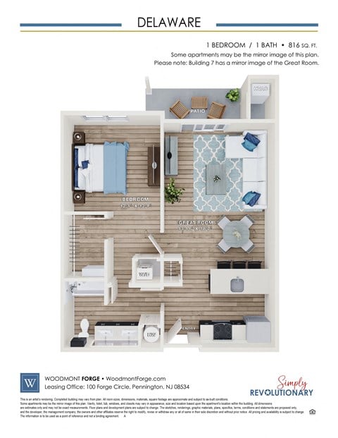 Floor plan for 1 bed, 1 bath, 816 sqft