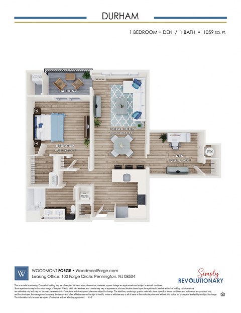 Floor plan for 1 bed, 1 bath, 1059 sqft