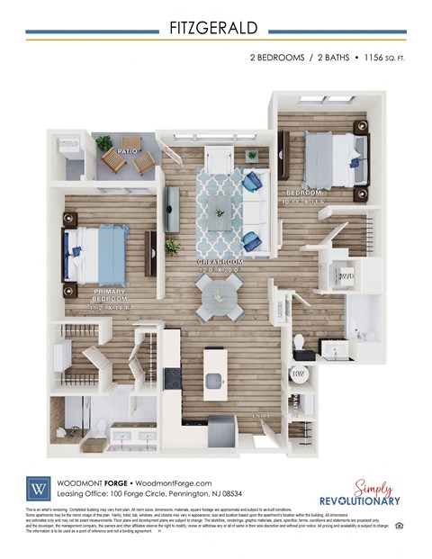 Floor plan for 2 beds, 2 baths, 1156 sqft