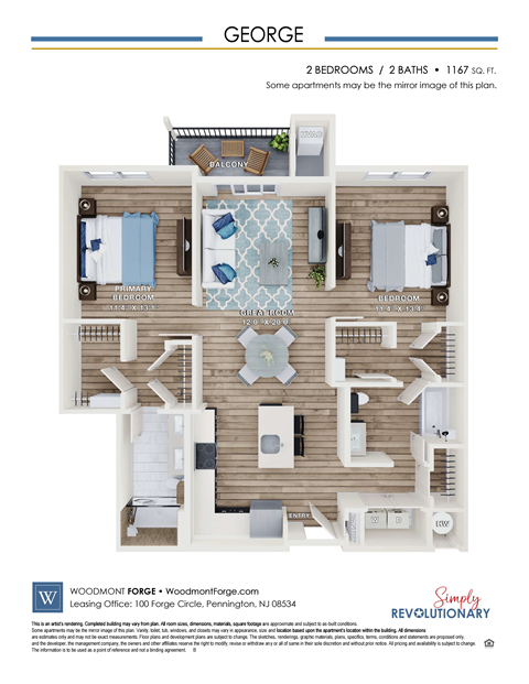 Floor plan for 2 beds, 2 baths, 1167 sqft