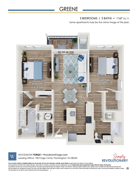 Floor plan for 2 beds, 2 baths, 1167 sqft