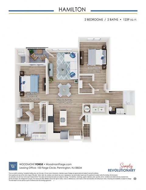 Floor plan for 2 beds, 2 baths, 1239 sqft
