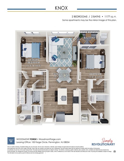 Floor plan for 2 beds, 2 baths, 1177 sqft
