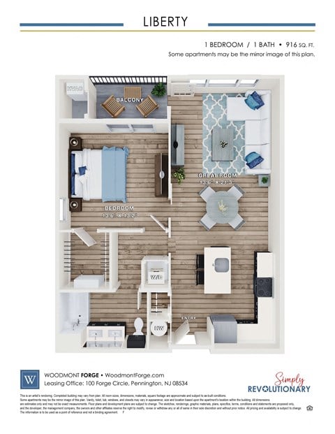 Floor plan for 1 bed, 1 bath, 916 sqft