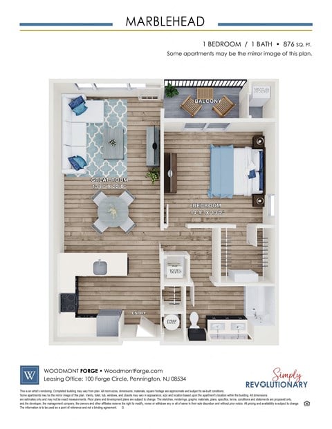 Floor plan for 1 bed, 1 bath, 876 sqft