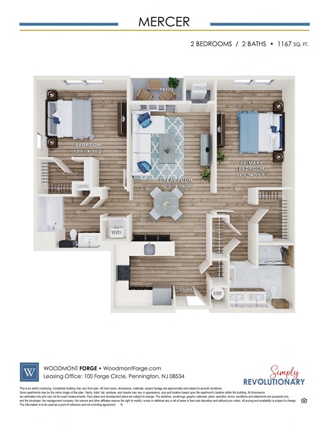 Floor plan for 2 beds, 2 baths, 1167 sqft