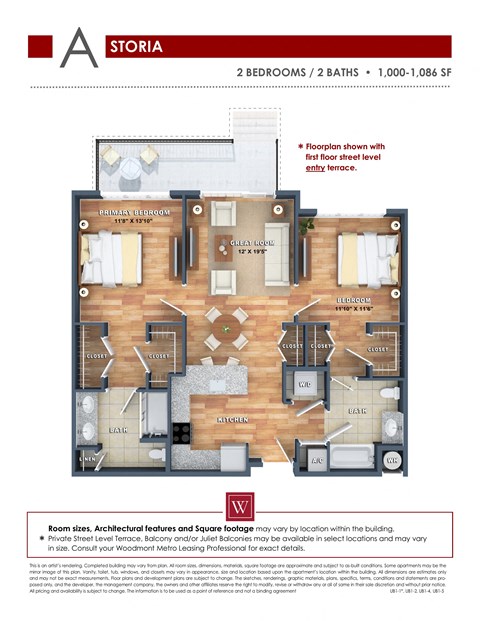 Floor plan for 2 beds, 2 baths, 1010 sqft