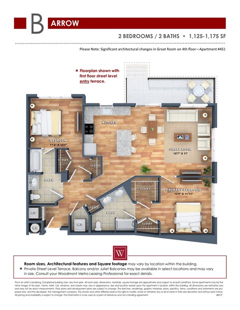 Floor plan for 2 beds, 2 baths, 1160 sqft