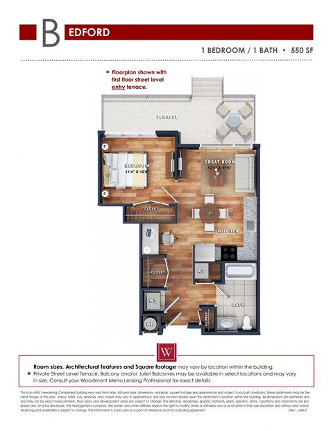 Floor plan for 1 bed, 1 bath, 550 sqft