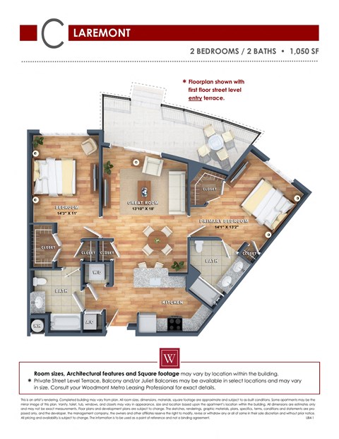 Floor plan for 2 beds, 2 baths, 1045 sqft