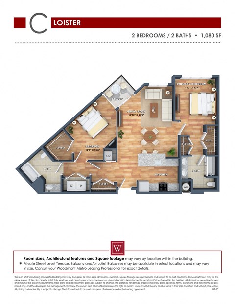 Floor plan for 2 beds, 2 baths, 1080 sqft