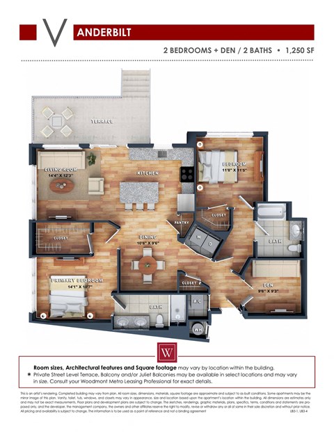 Floor plan for 2 beds, 2 baths, 1250 sqft