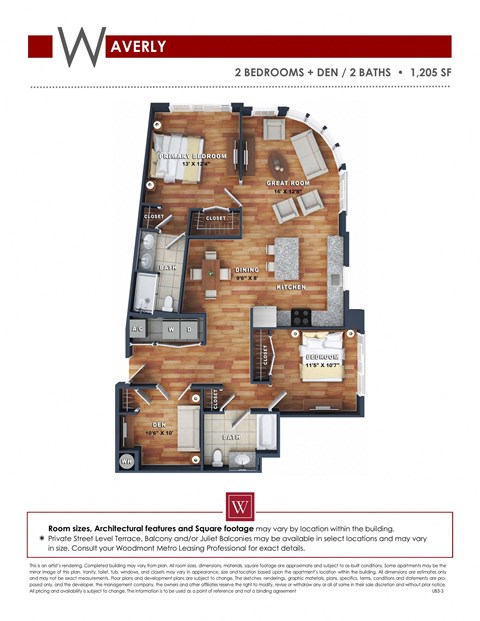 Floor plan for 2 beds, 2 baths, 1205 sqft