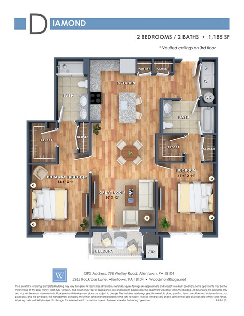 Floor plan for 2 beds, 2 baths, 1185 sqft