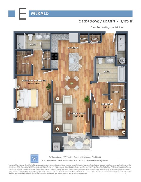 Floor plan for 2 beds, 2 baths, 1170 sqft