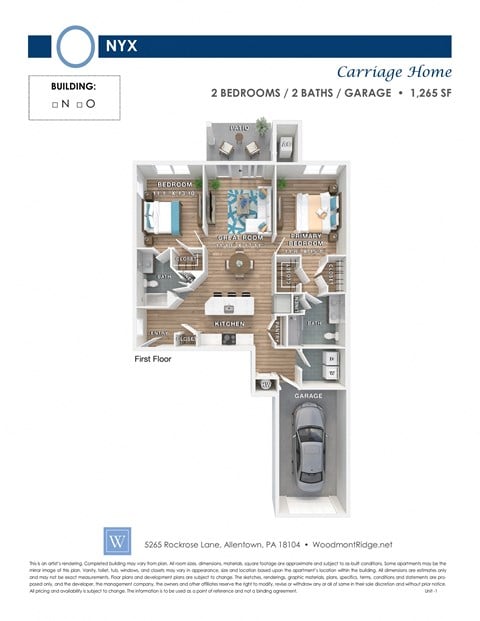 Floor plan for 2 beds, 2 baths, 1265 sqft