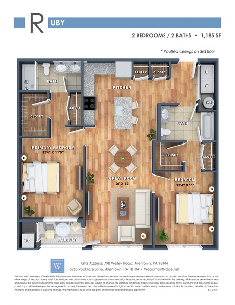 Floor plan for 2 beds, 2 baths, 1185 sqft