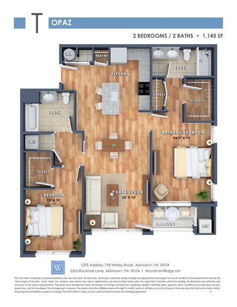 Floor plan for 2 beds, 2 baths, 1145 sqft