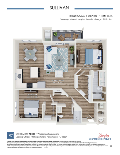 Floor plan for 2 beds, 2 baths, 1241 sqft