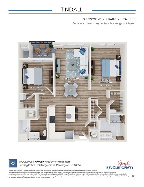 Floor plan for 2 beds, 2 baths, 1194 sqft