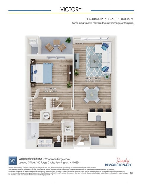 Floor plan for 1 bed, 1 bath, 878 sqft