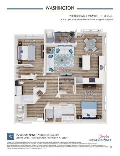 Floor plan for 2 beds, 2 baths, 1122 sqft