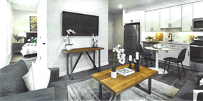 Philadelphia apartment for rent - A modern living room with a grey couch and a wooden coffee table.