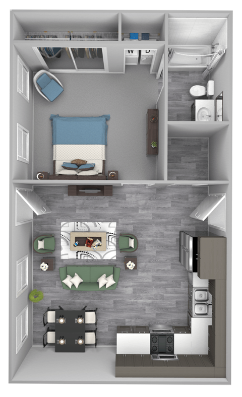 Floor plan for 1 bed, 1 bath, 676 sqft