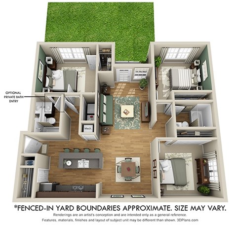 Floor plan for 3 beds, 2 baths, 1226 sqft
