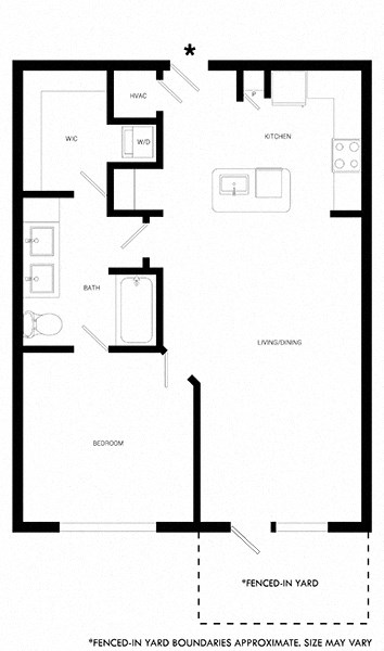 Floor plan for 1 bed, 1 bath, 767 sqft