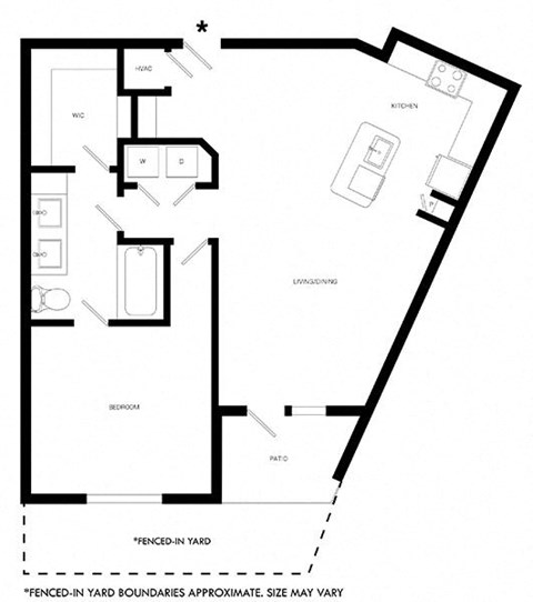 Floor plan for 1 bed, 1 bath, 891 sqft