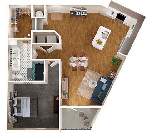Floor plan for 1 bed, 1 bath, 891 sqft