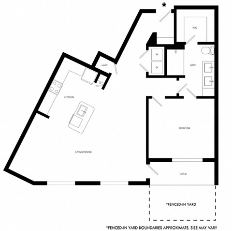Floor plan for 1 bed, 1 bath, 930 sqft