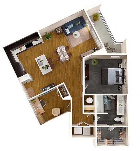 Floor plan for 1 bed, 1 bath, 977 sqft