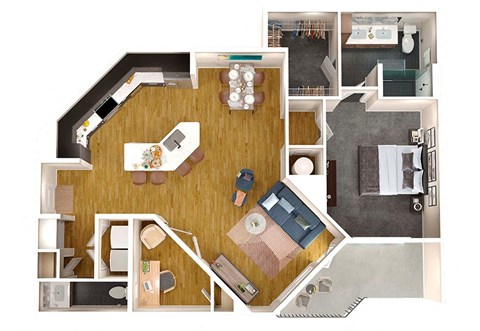 Floor plan for 1 bed, 1.5 baths, 1048 sqft