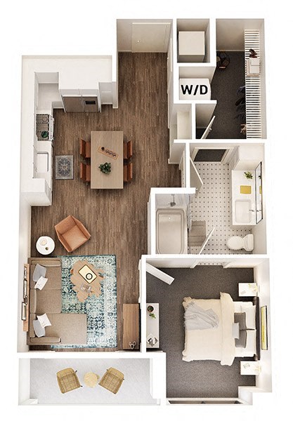 Floor plan for 1 bed, 1 bath, 626 sqft