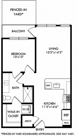 Floor plan for 1 bed, 1 bath, 667 sqft
