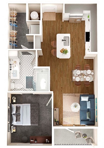 Floor plan for 1 bed, 1 bath, 651 sqft