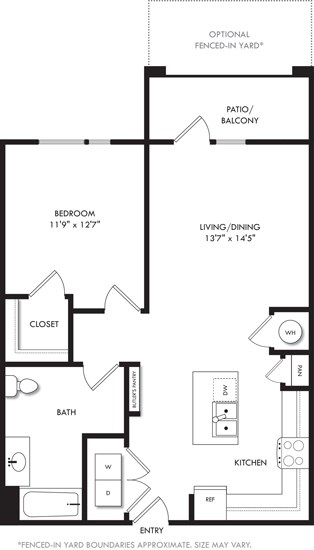 Floor plan for 1 bed, 1 bath, 836 sqft