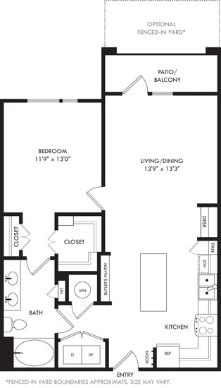 Floor plan for 1 bed, 1 bath, 851 sqft