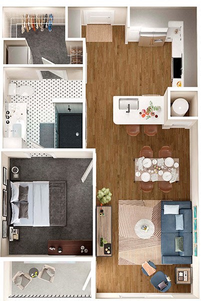 Floor plan for 1 bed, 1 bath, 686 sqft